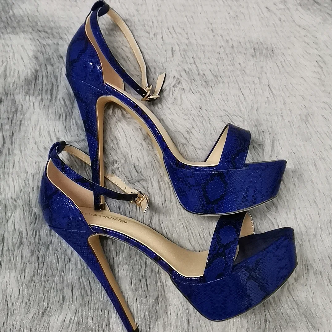 2024 New Women Sandals 14cm Supper High Heels Sexy Open Toes Buckle Strap Sandal Blue Heels Snake Pattern Platform Wedding Shoes