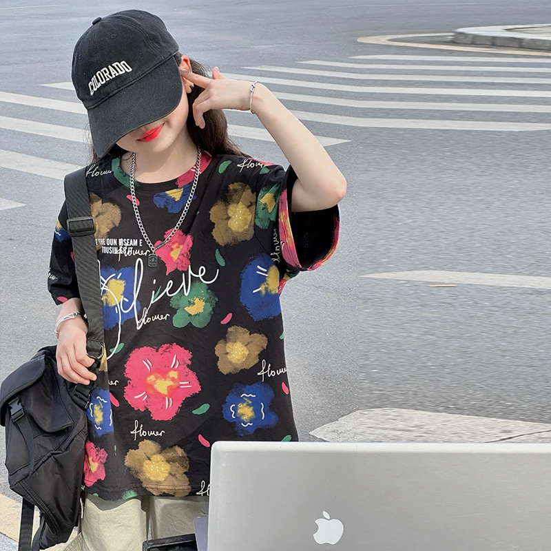 Korean Style Child Summer Cotton T-shirt for Girls with Flowers Kids High Fashion Streetwear Tshirt Short Sleeve Street Tee Tops
