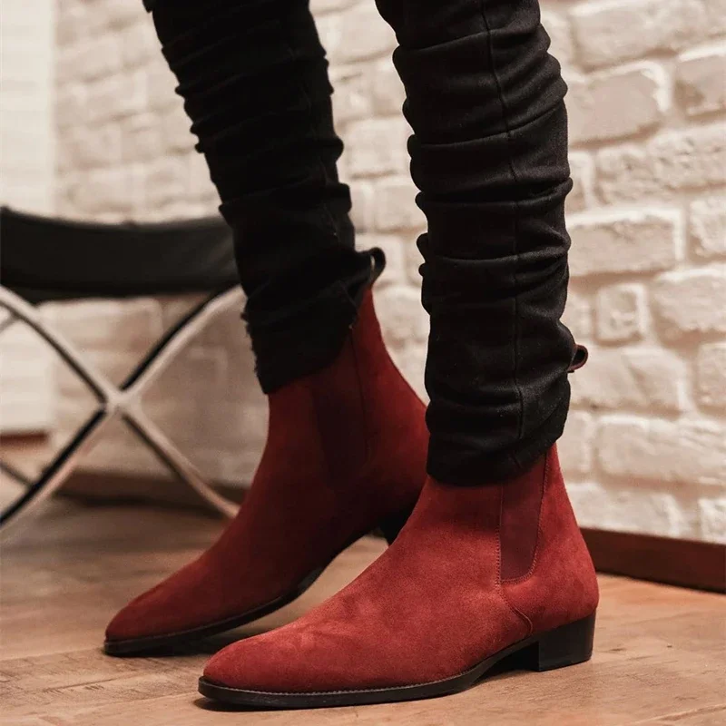 Chelsea Boots Men Red Faux Suede Cowboy Ankle Vintage Boots Slip on Shoes for Men Men Boots