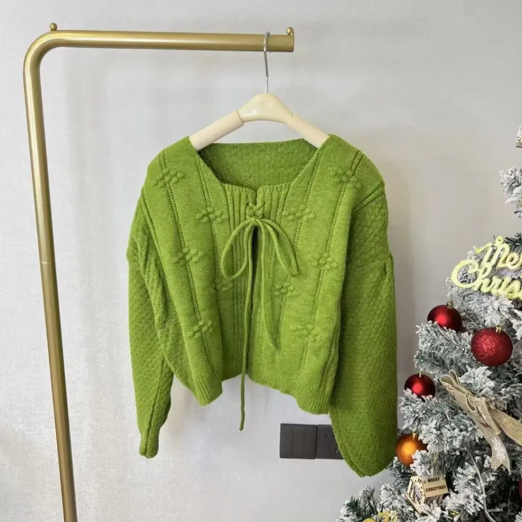 

Women's Lace-Up Twist Knitted Cardigan Korean Style Slimming Look Autum New Design Casual Sweater Outerwear