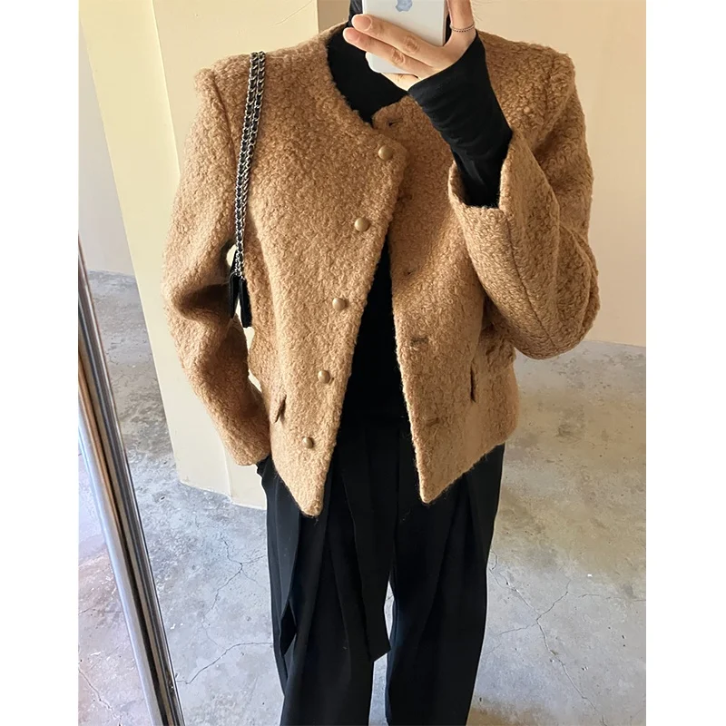 معطف صوفي للتنحيف بأسلوب كوري، تصميم دائري أنيق، أكمام طويلة، ياقة مستديرة، زر واحد، لون موحد، مناسب للعمل #4