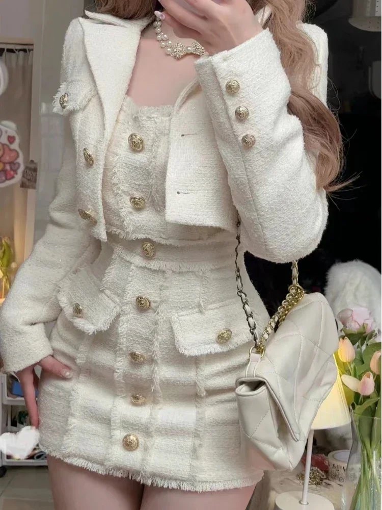 2024 Spring French Elegant Suit Woman Slim Short Coat + Party Korea Fashion Sleeveless Dress Y2k Mini Skirt Suit Office Lady