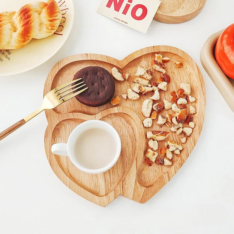 Creative Heart-shaped Solid Wood Tray Double Love Fruit Plate Sub-format Solid Wood Household Cake Snack Simple Tray