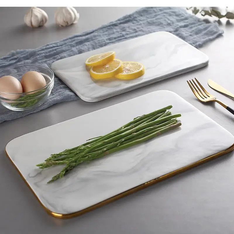 

Nordic Marble Cutting Board Dinner Plates Ceramic Tray Golden Plate Set and Dishes Kitchen,Dining & Bar