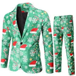 Men Tuxedo Suits Christmas 2 Piece Regular Fit Suit Snowflake Santa Print Blazer Jacket Pants Suit Set Party Outfits