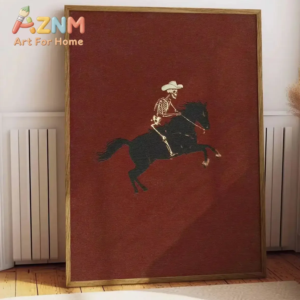 AZNM Frameless Canvas Wall Art Skeleton Cowboy Riding Horse Print Vintage Western Style Poster for Living Room Home Decor