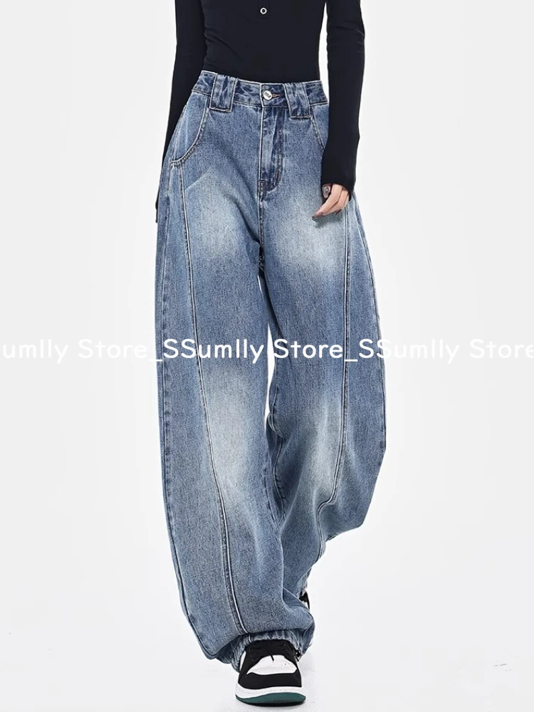 90s Blue High Street Loose Jeans Women American Style Vintage Wash Wide Leg Slacks Trousers Basic Simple Casual Chic Baggy Pants