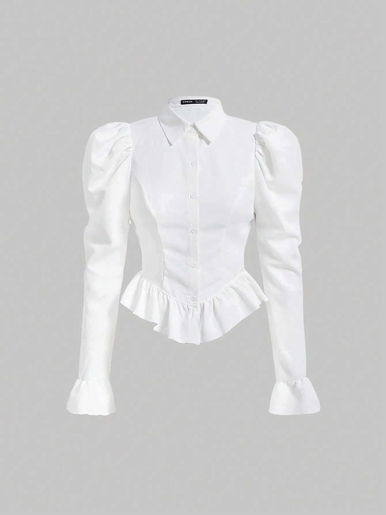 

Flare Sleeve Ruffle Hem Puff Sleeve White Waisted Blouse,Long Sleeve Tops