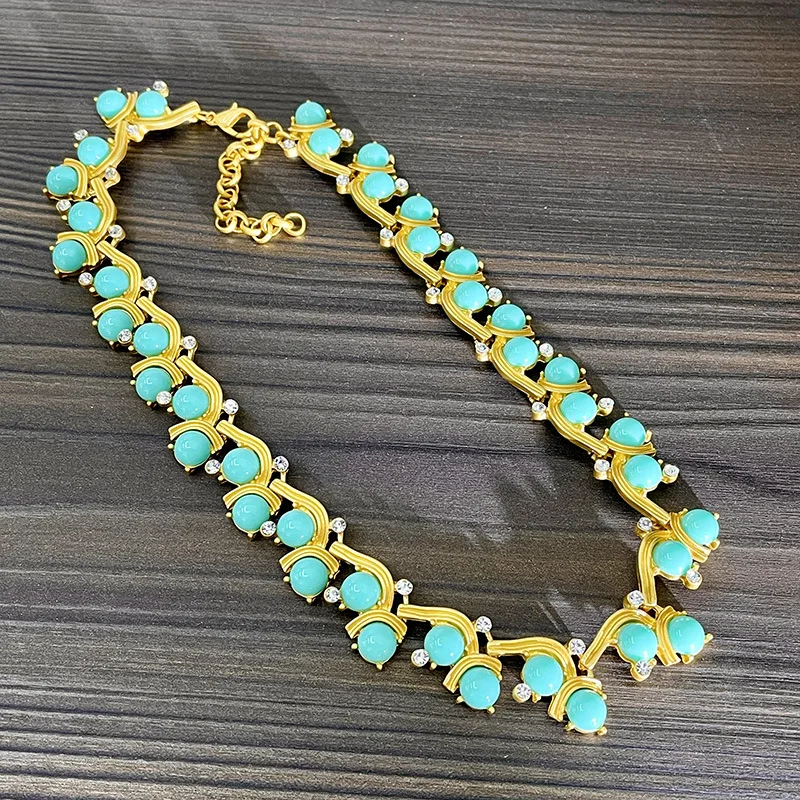 Vintage blue flower earrings retro effect heavy necklace