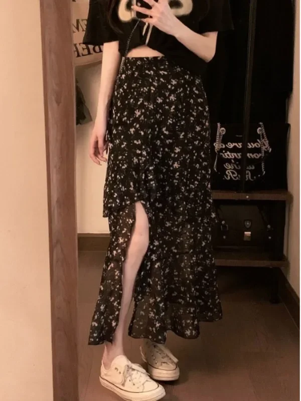 2024 Spring/Summer New Floral Ruffle Edge Fashion Split Half Skirt Women's High Waist Slim Mid Length Gentle Style Skirt