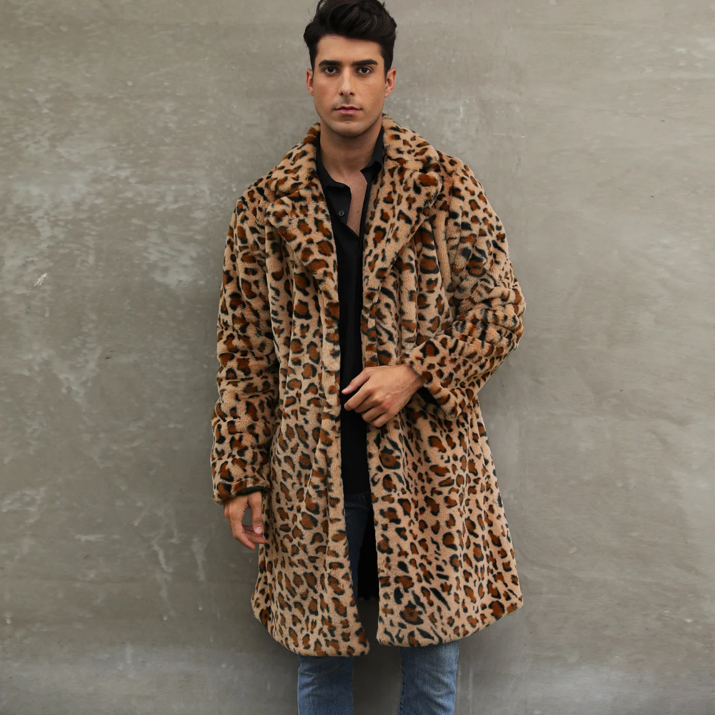 European and American Men's Plush Leopard Print Faux Fur Coat, Suit Collar Coat, Warm Long Coat