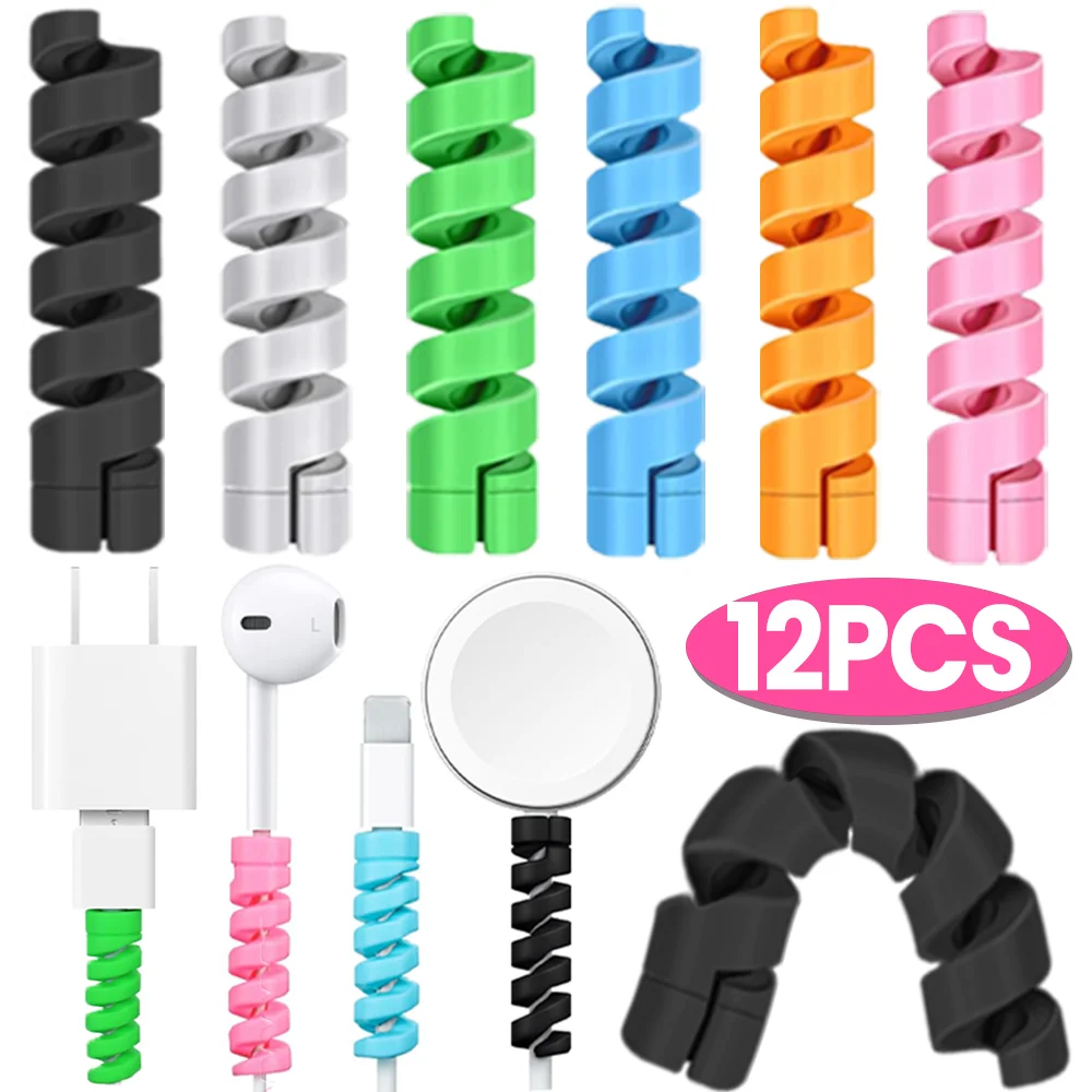 1-12Pcs Cables Protector Flexible Charge Spiral Winder Wire Cable Winder Organizer for IPhone USB Charger Cable Protective Cover