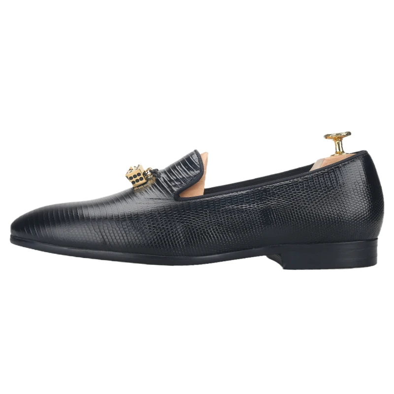 Piergitar Black Lizard Embossed Leather Men's Loafers With Gold Titanium Steel Dice Buckles GZ Same Design Slip-On Moccasins