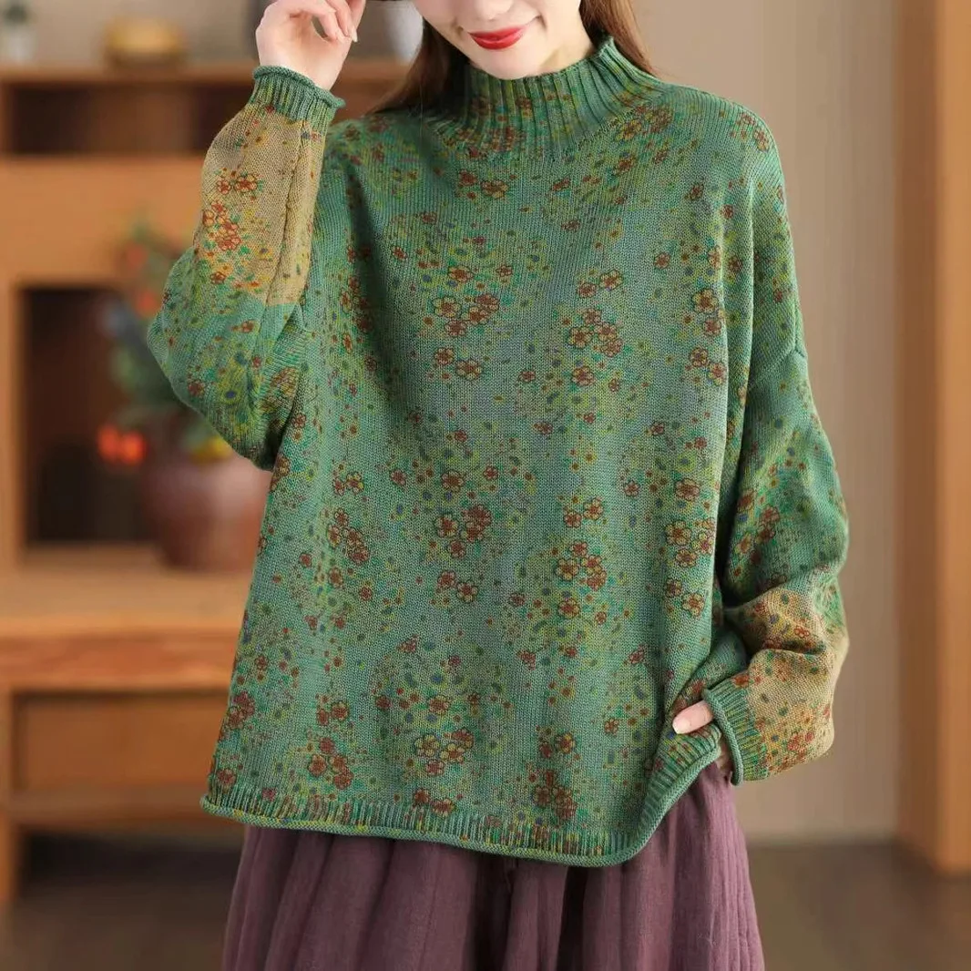Winter Fall Fashion Vintage Floral Printed Half-turtle Neck Sweater for Women 2025 New Fashion Long Sleeve Loose Casual Knitwear