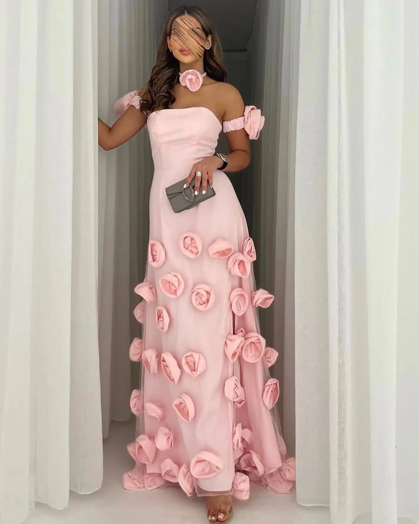 Jirocum 3D Flower Prom Dress Pink Fashion Strapless Party Evening Gown Floor-length Sexy Side Slit A-line Formal Occasion Gowns