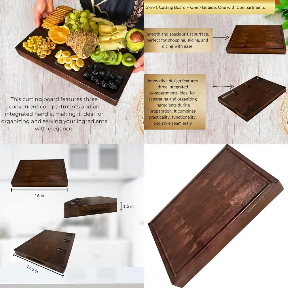 

Reversible Acacia Wood 2-in-1 Cutting Board and Serving Tray with Compartments, Non-Slip and Grips, Ideal for Charcuterie Platte