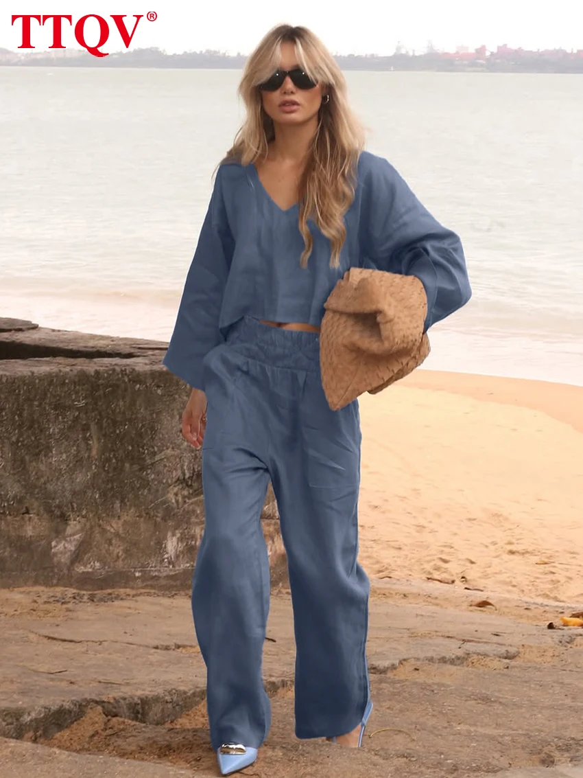 

TTQV Fashion Loose Blue Cotton Women's Two Pieces Set 2026 Elegant Long Sleeve Shirt With High Waist Wide Pants Set Female