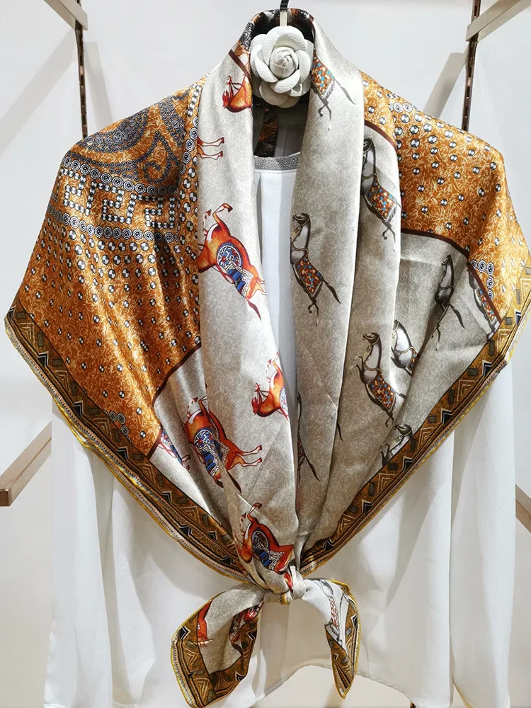 

Высококачественный элегантный женский тонкий четыре клетчатый лоскутный принт с конским принтом, качественный простой атласный шелковый шарф с ручным закрученным краем, большой квадратный шарф, шаль