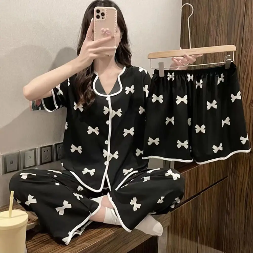 Fashion Stripe Bowknot Pajamas Suit Short Sleeve Ice Silk Women Sleepwear Set Homewear Lapel Collar Three Pieces Nightwear Home