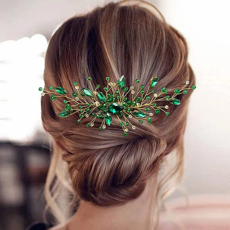 SLBRIDAL Handmade Green Color Rhinestones Crystal Bridal Headband Hair Comb Wedding Hair accessories Women Girls Hair Jewelry