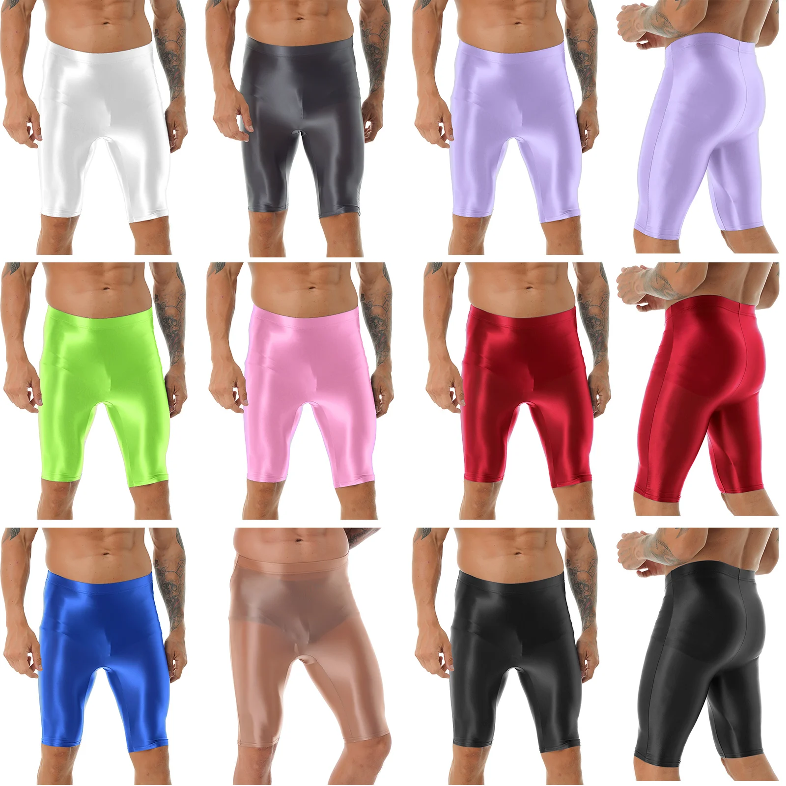 Men Glossy Smooth Swimming Shorts High Waist Short Elastic Waistband Short Leggings Workout Sportswear Bottoms Swimsuit Swimwear