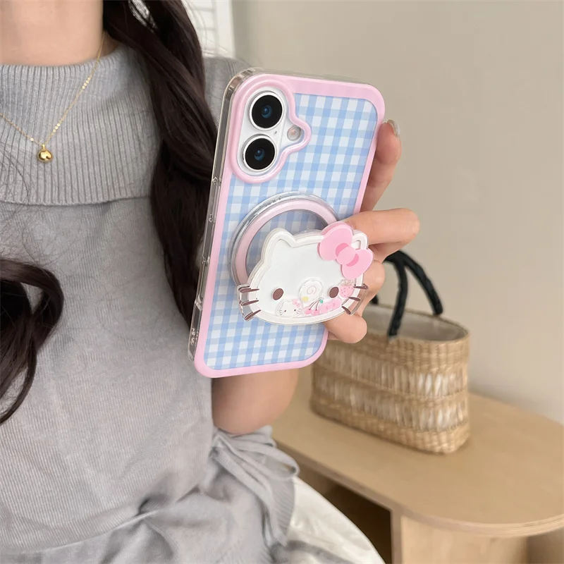 لطيف الوردي الأزرق شعرية Magsafe حافظة شحن لاسلكية آيفون 16 15 14 13 برو ماكس مضحك الكرتون كيتي القط هزة حامل مغناطيسي