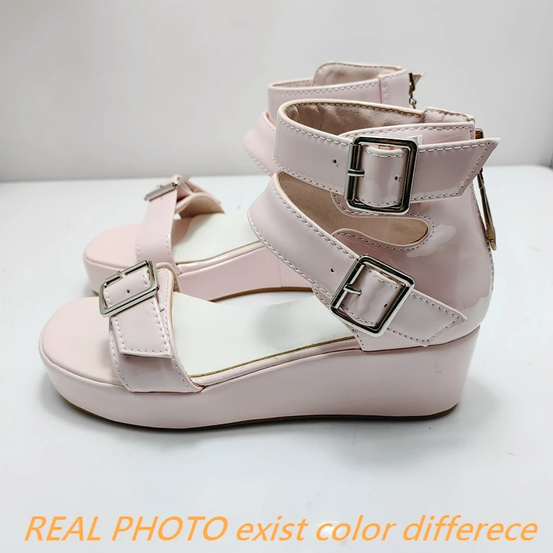 REAVE CAT Sandaลy damskie na platformie Okrฤ
gลe palce Chunky Heels Ankle Buckle Zipper Solid Big Size 30-48 Black White Pink Summer S3202