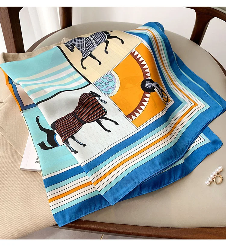 Neuer quadratischer Seidenschal mit Vier-Jahreszeiten-Pferd-Aufdruck, 70 x 70 cm, modisches Vier-Jahreszeiten-Stirnband, luxuriöser Sonnenschutz-Schal, Bandanas – Detail 3