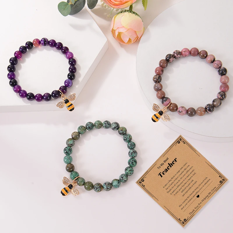 Graduation Teacher Appreciation Gifts 8mm Natural Stone Bracelet Teacher Gifts Bee Pendant Bracelets With Gift Message Card