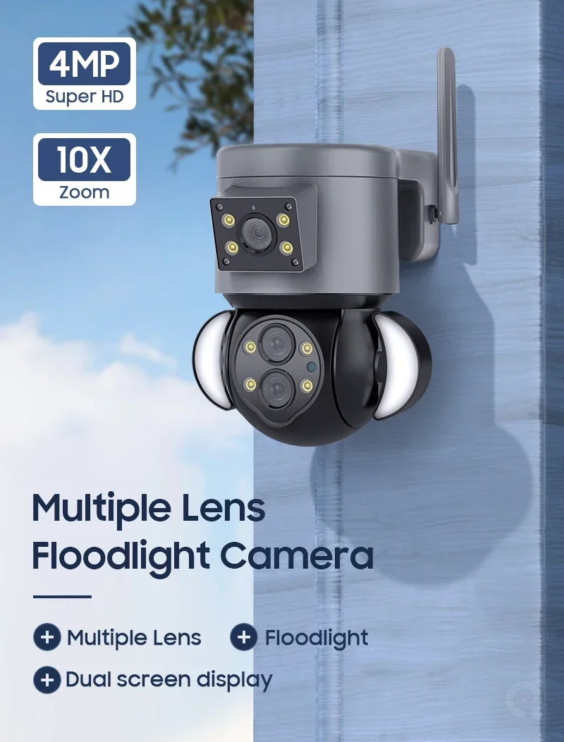 Dual Camera 360 View 10X Optical Zoom 4MP Dual Lens PTZ Dual Camera Smart Floodlight Camera Two Waye Alarm Motion Auto Tracker