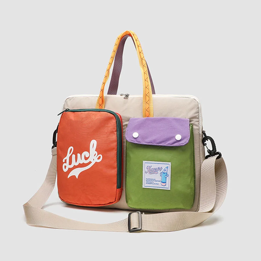 Borsa per computer con motivo cartoon a blocchi di colore di nicchia da donna, borsa portatile monospalla, borsa per pendolarismo quotidiano in stile universitario