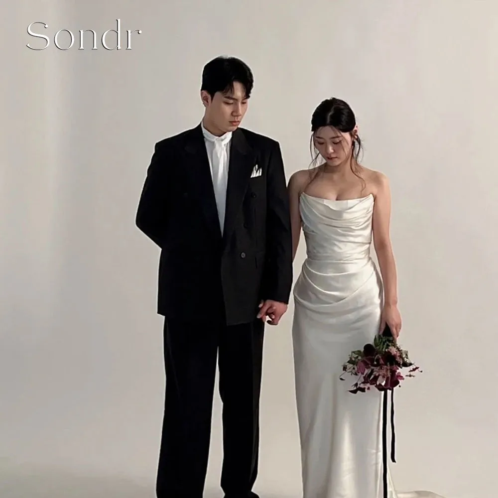 

Sondr Customized Elegant Mermaid KoreanWedding Party Dress with Shawl Silk Satin Ivory Strapless Photo Shoot Reception Gown
