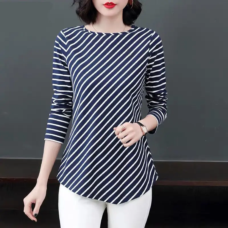 

Female Clothing Commute O-Neck Pullovers 2023 Autumn Winter Fleece Fashion Striped Asymmetrical All-match Long Sleeve T-shirt