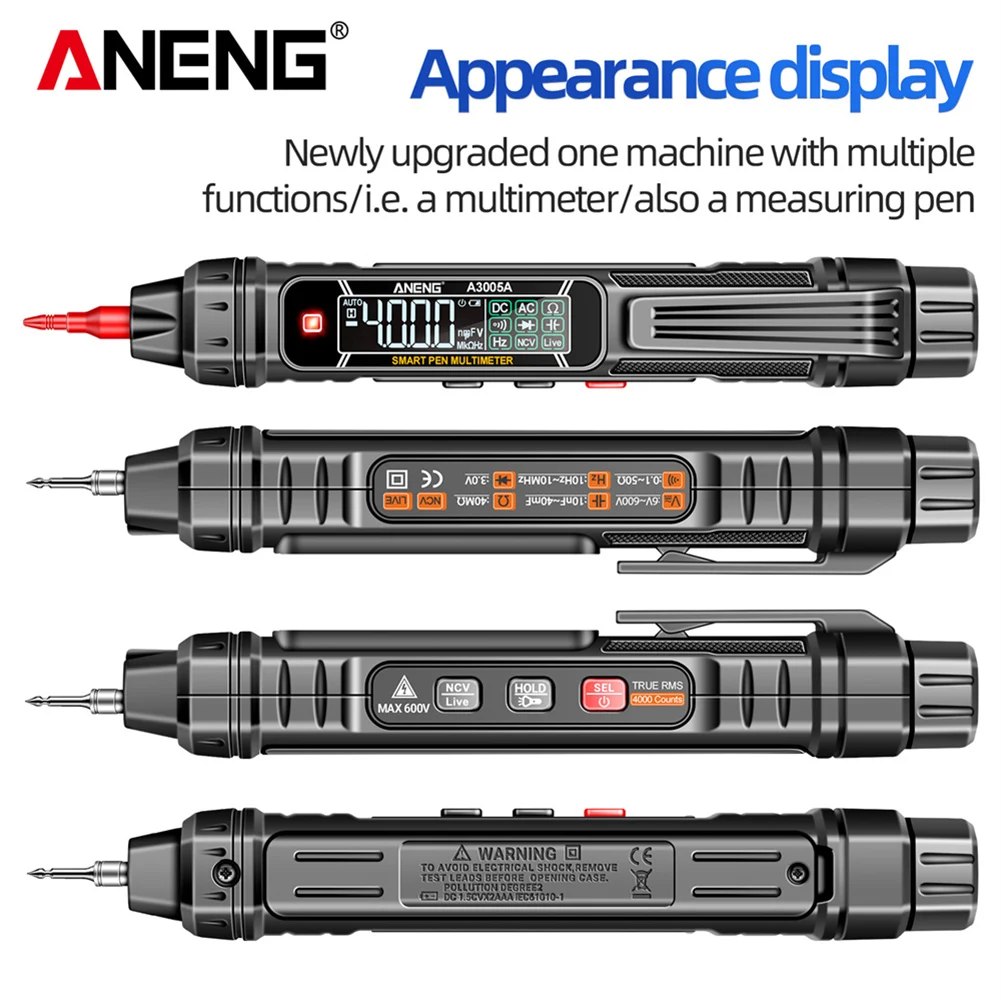 ANENG 디지털 과부하 보호 LCD 디스플레이, 펜 유형 트루 RMS 미터, 고정밀 자동 전압 감지기, A3005A/B 감지