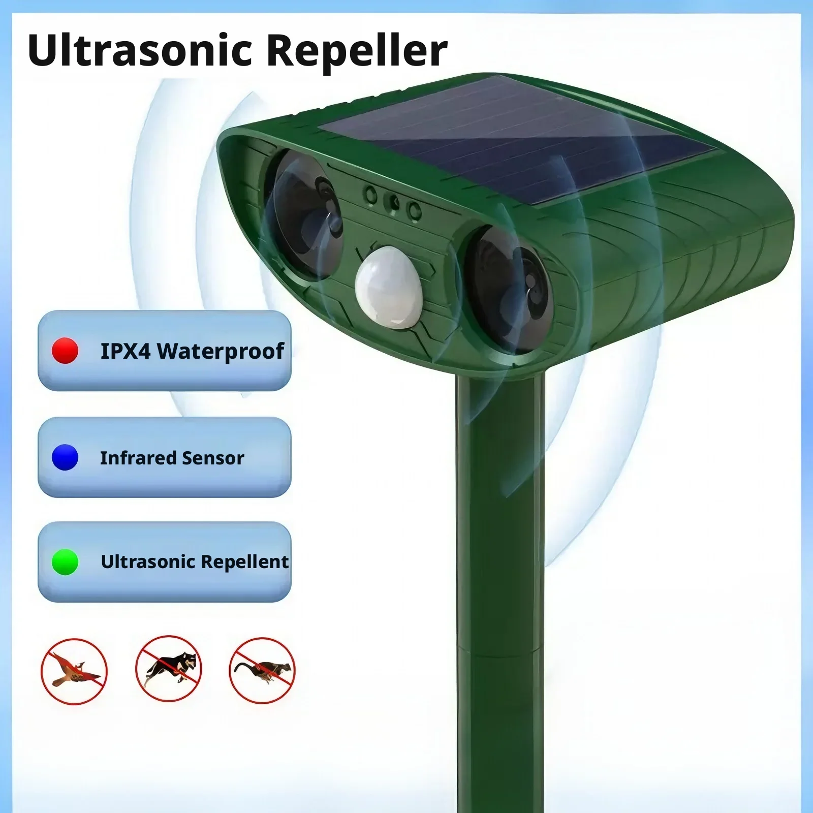 Yard Solar Ultrasonic Wild Animal Repeller IPX4 Waterproof PIR Infrared Sensor Outdoor Pest Repel Dog Cat Bird Squirrel Rats