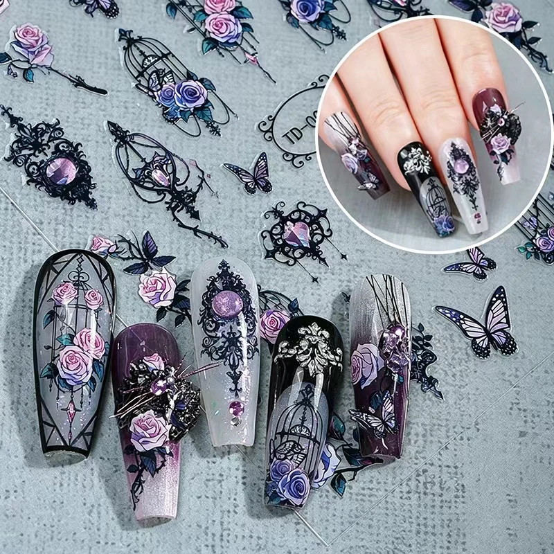 Dark Gothic Rose Nail Art Stickers, 3D Soft Gel Halloween Nail Decals, 5D Embossed DIY Manicure Supplies for Women