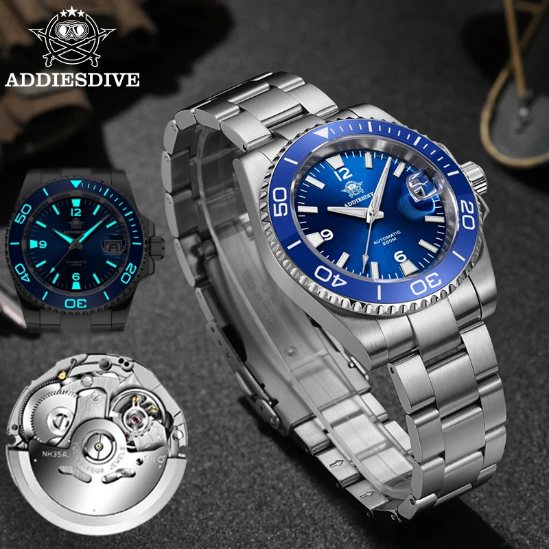 ADDIESDIVE NH35A Automatic Mechanical Watch AD2085 Luxury Men's Diving Watch Stainless Steel Waterproof 200m Luminous Watches