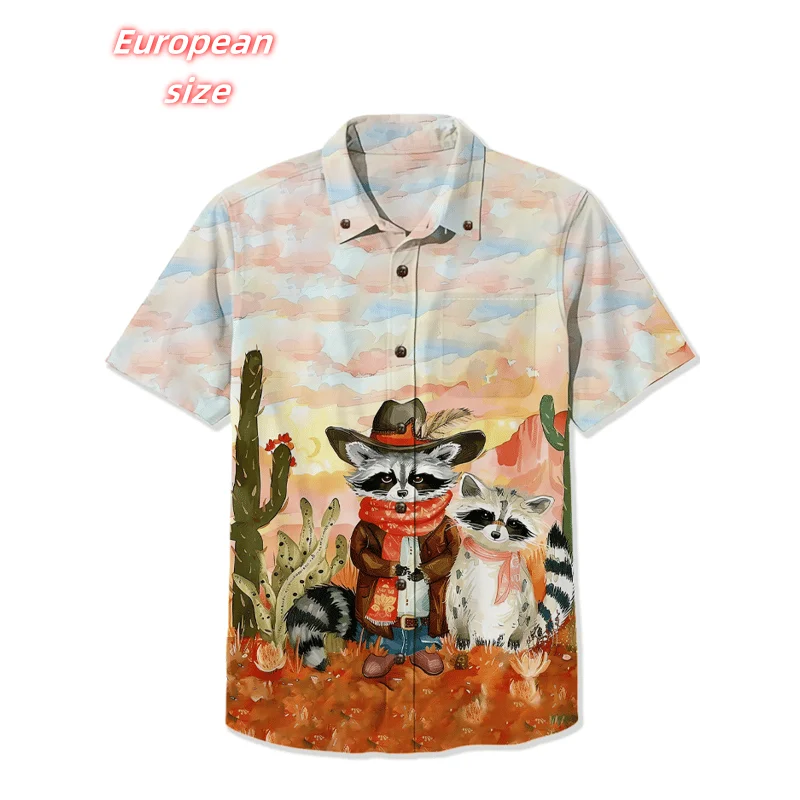 

Cat Raccoon Flower Pattern Hawaiian Shirt For Men Cute Animals 3D Printed Blouse Summer Short Sleeve Lapel Tops Aloha Shirts