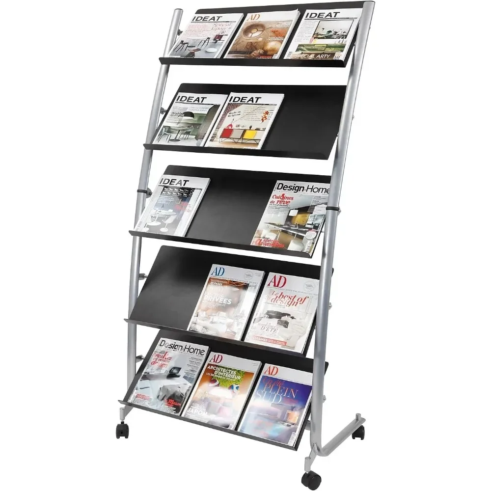 Xmsj Mobiele Literatuurdisplay-5 Niveaus-Metaal-4 Wielen En Remmen, Staande Tijdschriftenrek