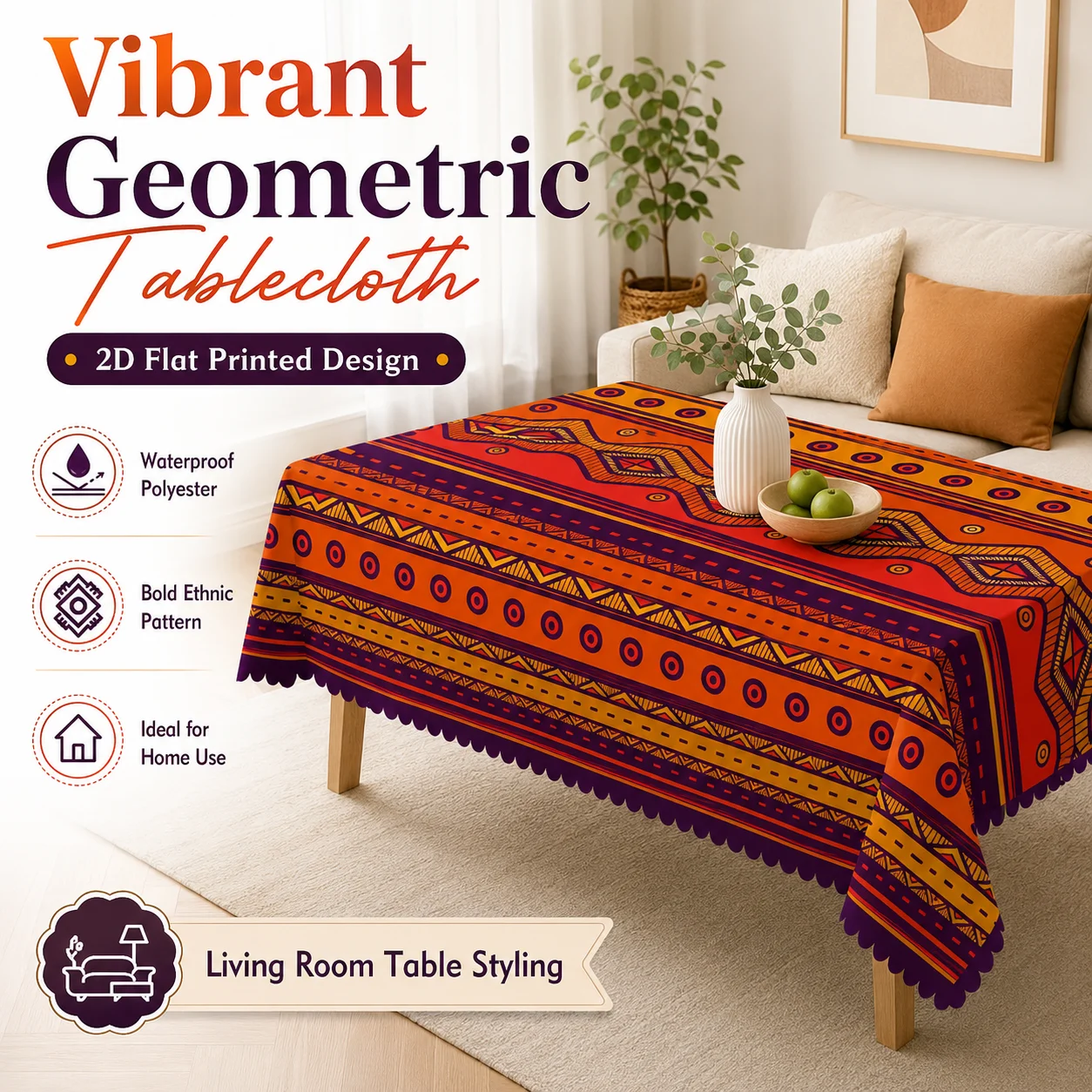 

Waterproof Polyester Vibrant Geometric Tablecloth 2D Flat Printed Bold Ethnic Table Cover For Living Room Home Styling