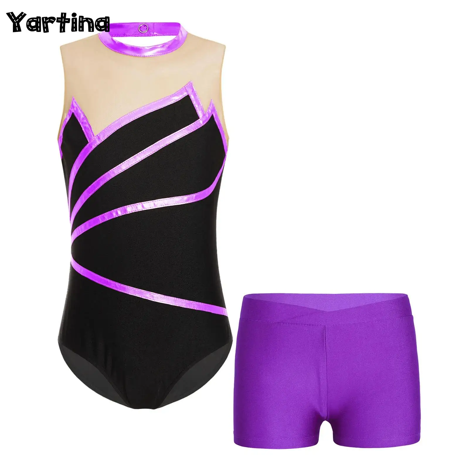 

Kids Girls Gymnastics Ballet Unitard Biketard Athletic Dance Outfits Ballet Jersey Leotard with V-front Waistband Shorts Set