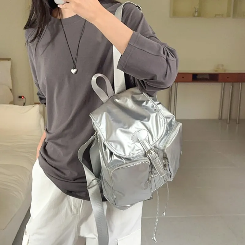 2024 New Casual Silver Backpack Women Korean Flip Drawstring Large Capacity Backpacks Fashion Simple Travel College Student Bags