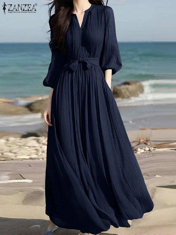 Elegante Maxi Vestito ZANZEA 2025 Donne di Estate 3/4 Manica Solido Pieghettato Con Scollo A V Lungo Vestito Estivo Cintura Casual Allentato Del Partito Abiti Robe
