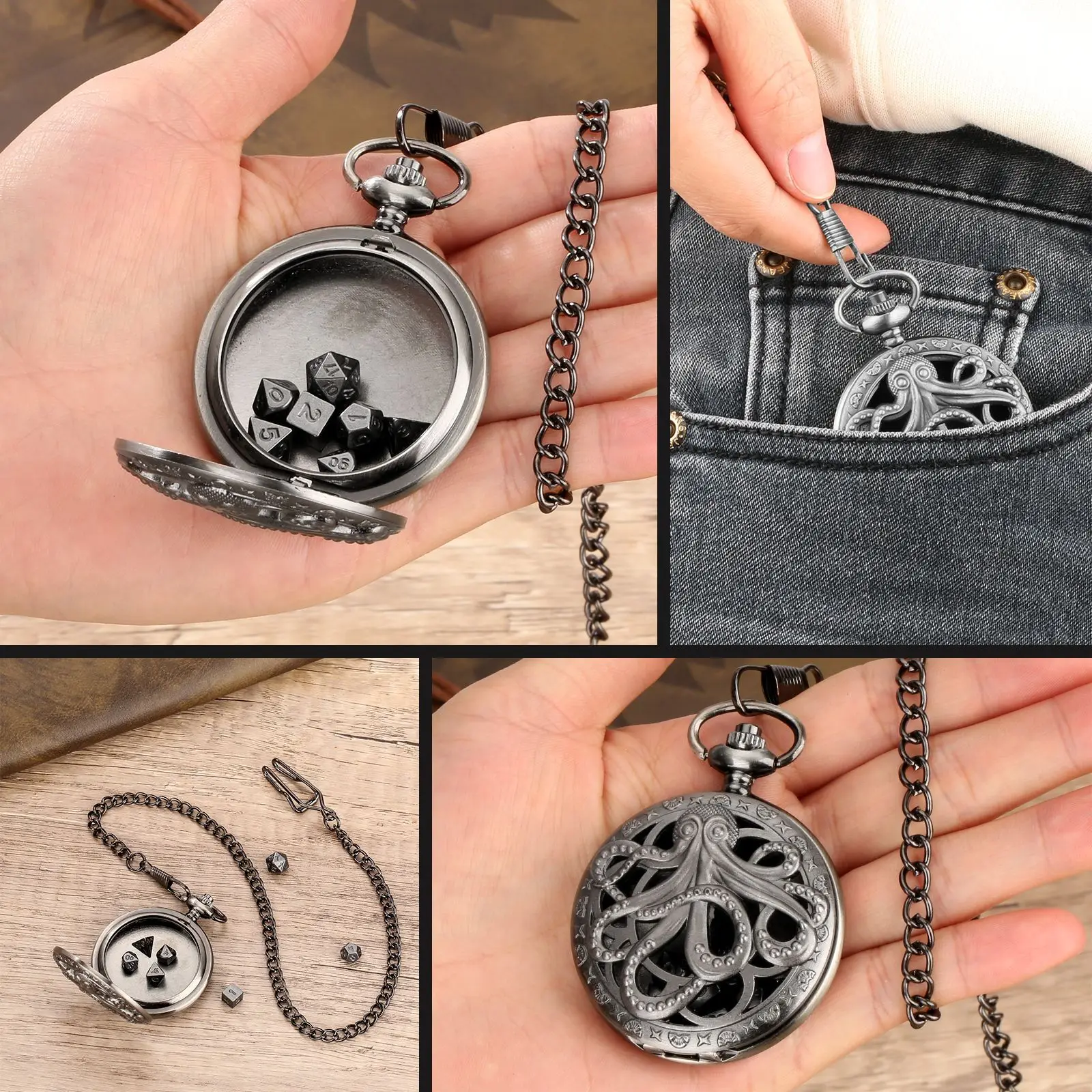 Hollow Pocket Watch Dice set Dragon Dice Pocket Watch Case for Gifts DND Dice Case with Mini Metal Dice Set Pocket Watch shell