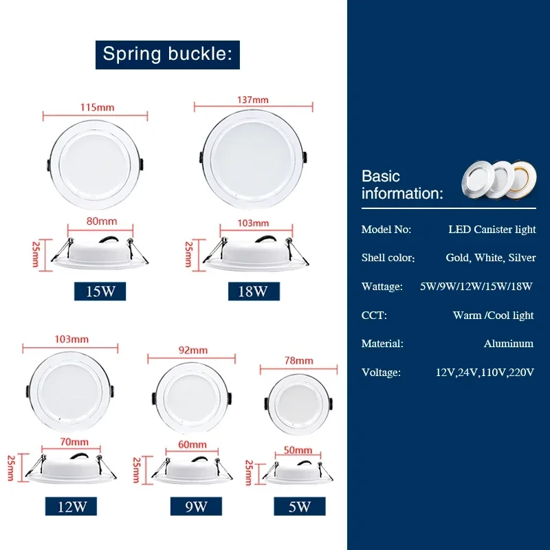 10 pcs/lot Led Downlight Encastré Rond Plafonniers DC12V 24V AC110-220V 5W 9W 12W 15W 18W Projecteur pour Décor À La Maison Salon