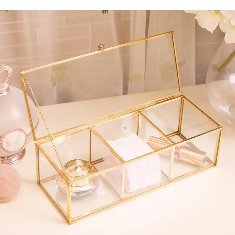 Metal Glass Jewelry Box Rectangular Storage Boxes 3 Grids Organizer Makeup Cotton Swab Cosmetic