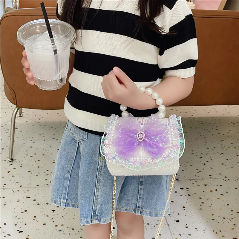 New Children's Small Bag Fashion Crossbody Girl Pearl Handheld Shoulder Princess Purse Wallet Handbag Mini Kids Child Stuff