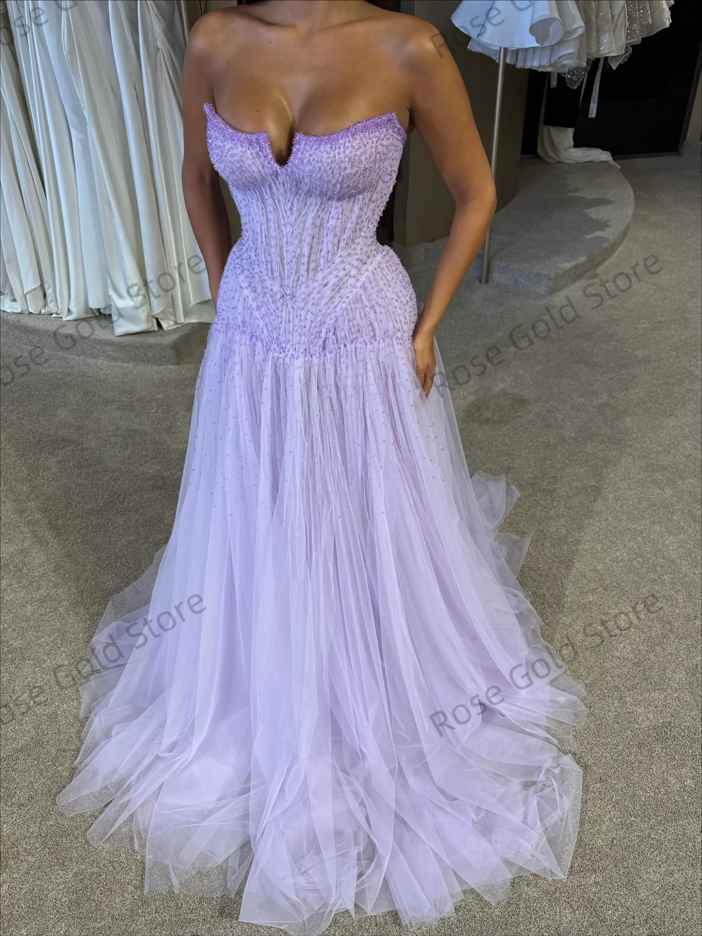 Illusion Light Purple Evening Dresses A Line Sweetheart Glitter Vestido de Noche Customized Sequines Tulle Prom Party Dress