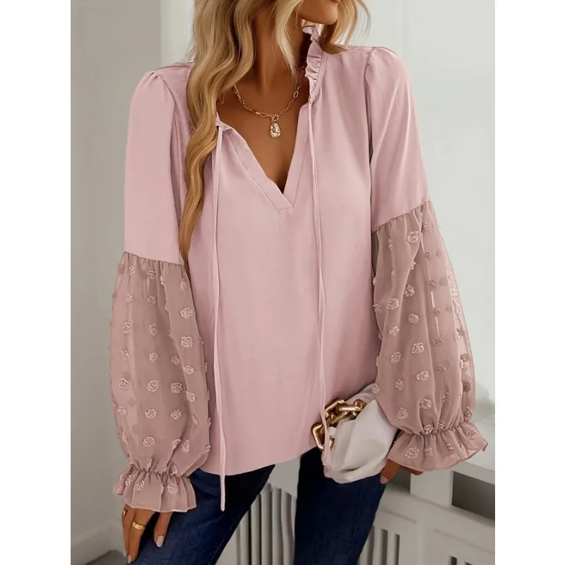 

Plus Size Autumn New Women's Elegant Swiss Polka dot V-neck Fashionable Patchwork Lantern Sleeve Shirt