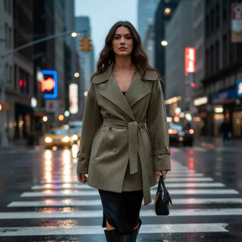 Vrouwen Retro Suède Jas Gordel Taille Korte Trenchcoat Met Revers Kraag Elegante Herfst Winter Mode Bovenkleding Voor Vrijetijdskleding